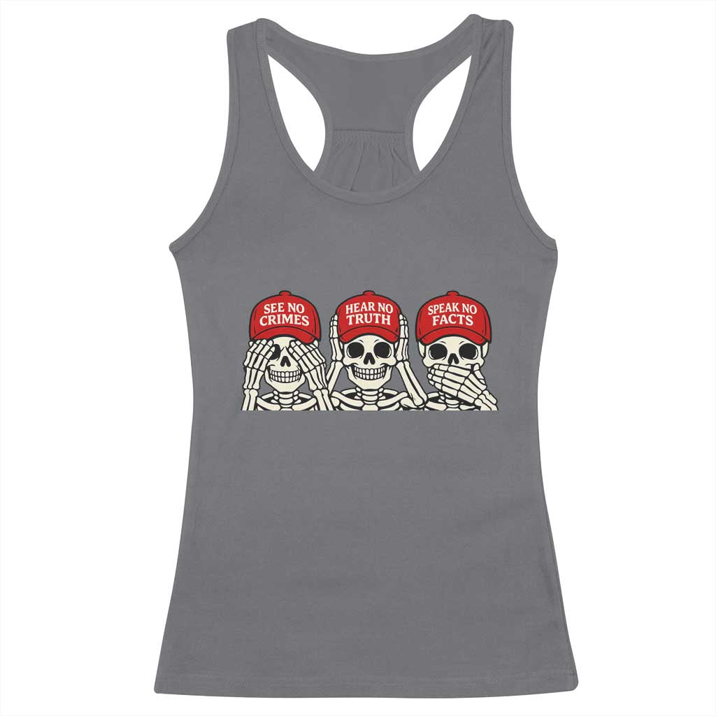 See No Crimes Hear No Truth Speak No Facts Skeletons Racerback Tank Top Political Satire Three Wise Monkeys Graphic TS02 Charcoal Print Your Wear