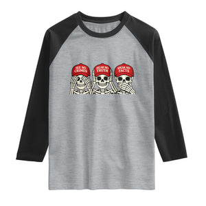 See No Crimes Hear No Truth Speak No Facts Skeletons Raglan Shirt Political Satire Three Wise Monkeys Graphic TS02 Heather Gray Black Print Your Wear