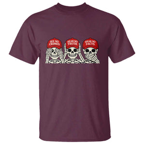 See No Crimes Hear No Truth Speak No Facts Skeletons T Shirt Political Satire Three Wise Monkeys Graphic TS02 Maroon Print Your Wear