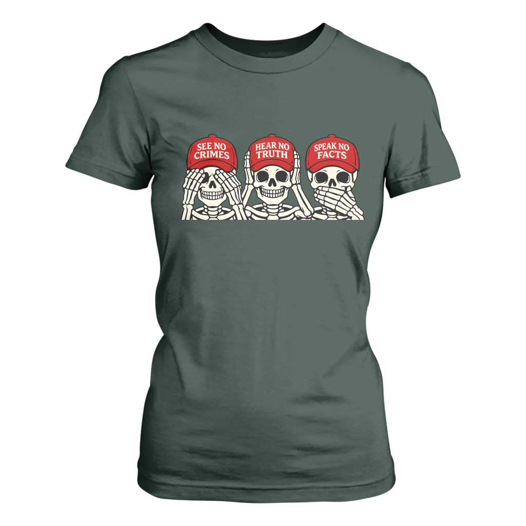 See No Crimes Hear No Truth Speak No Facts Skeletons T Shirt For Women Political Satire Three Wise Monkeys Graphic TS02 Dark Forest Green Print Your Wear