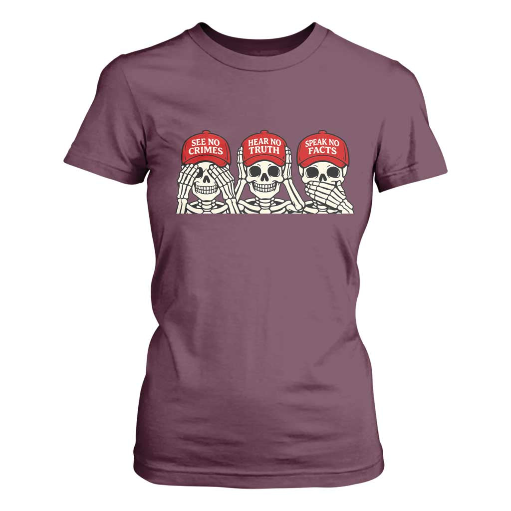 See No Crimes Hear No Truth Speak No Facts Skeletons T Shirt For Women Political Satire Three Wise Monkeys Graphic TS02 Maroon Print Your Wear
