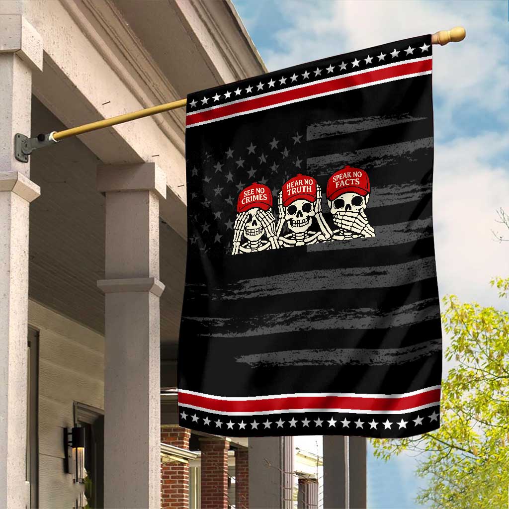 See No Crimes Hear No Truth Speak No Facts Skeletons Garden Flag Political Satire Three Wise Monkeys Graphic TS02 Distressed Black Red Print Your Wear