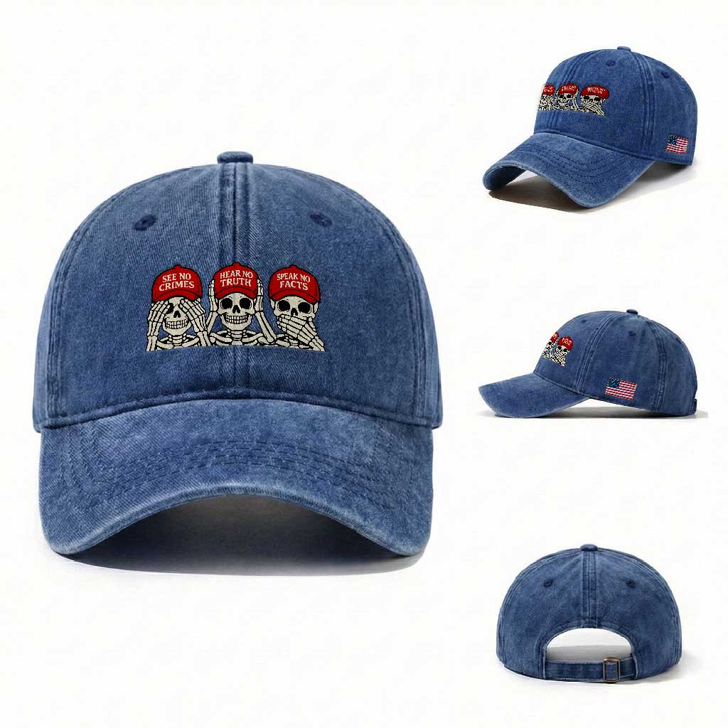 See No Crimes Hear No Truth Speak No Facts Skeletons Washed Cotton Baseball Cap Political Satire Three Wise Monkeys Graphic TS02 Washed Cap Universal Fit Royal Blue Print Your Wear