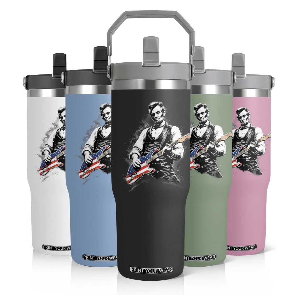 Rockin Abe Abraham Lincoln Playing Electric Guitar Flip Straw Tumbler Patriotic Music Rocker Mashup 4th of July Celebration TS02 Print Your Wear