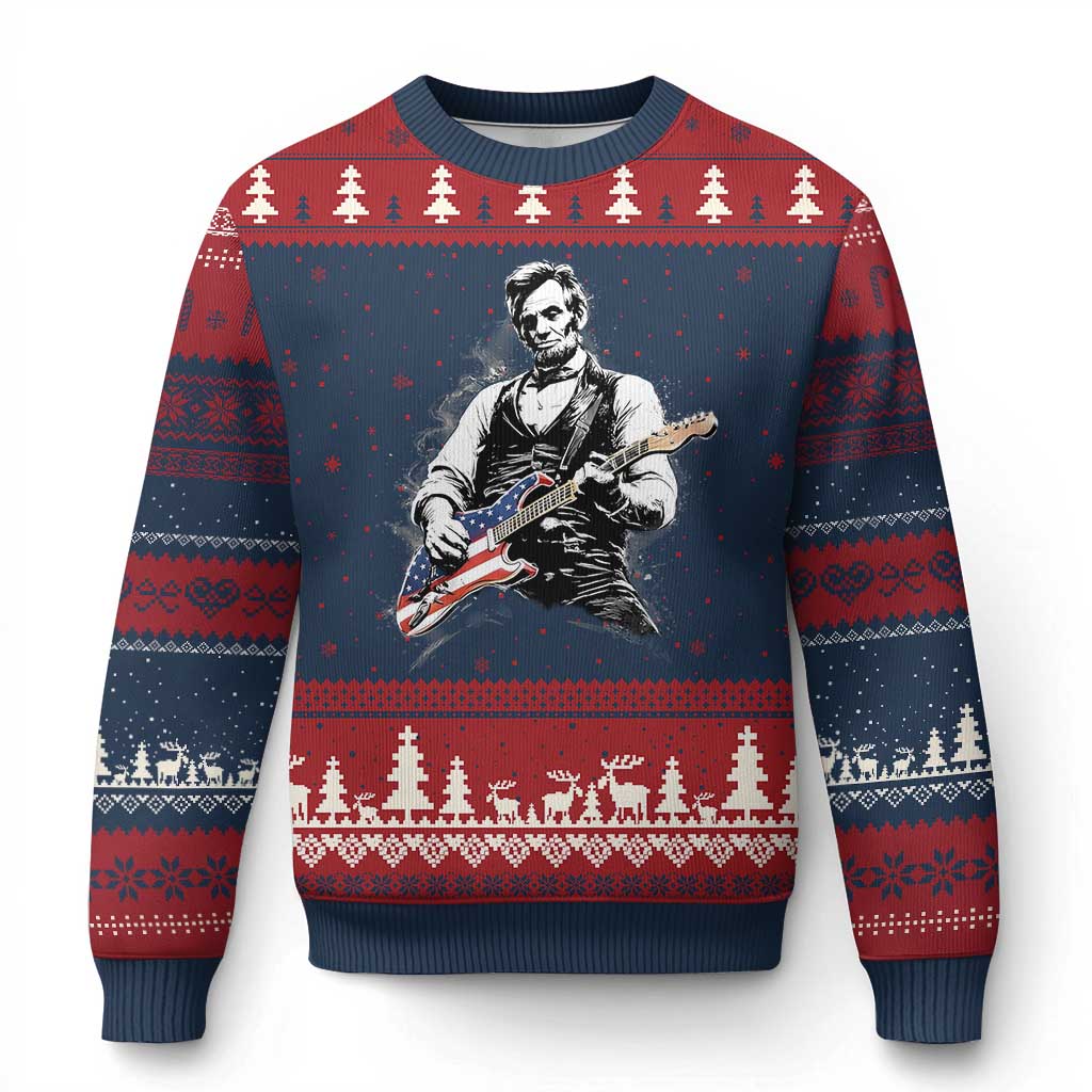 Rockin Abe Abraham Lincoln Playing Electric Guitar Ugly Christmas Sweater Patriotic Music Rocker Mashup 4th of July Celebration TS02 Navy Red Print Your Wear