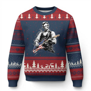 Rockin Abe Abraham Lincoln Playing Electric Guitar Ugly Christmas Sweater Patriotic Music Rocker Mashup 4th of July Celebration TS02 Navy Red Print Your Wear