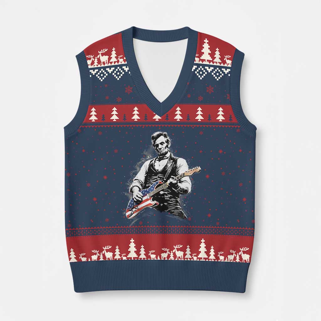 Rockin Abe Abraham Lincoln Playing Electric Guitar V-Neck Knit Sweater Vest Patriotic Music Rocker Mashup 4th of July Celebration TS02 Navy Red Print Your Wear