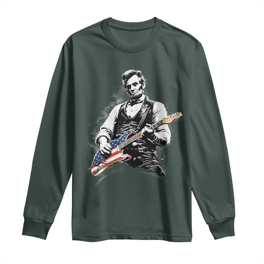 Rockin Abe Abraham Lincoln Playing Electric Guitar Long Sleeve Shirt Patriotic Music Rocker Mashup 4th of July Celebration TS02 Dark Forest Green Print Your Wear