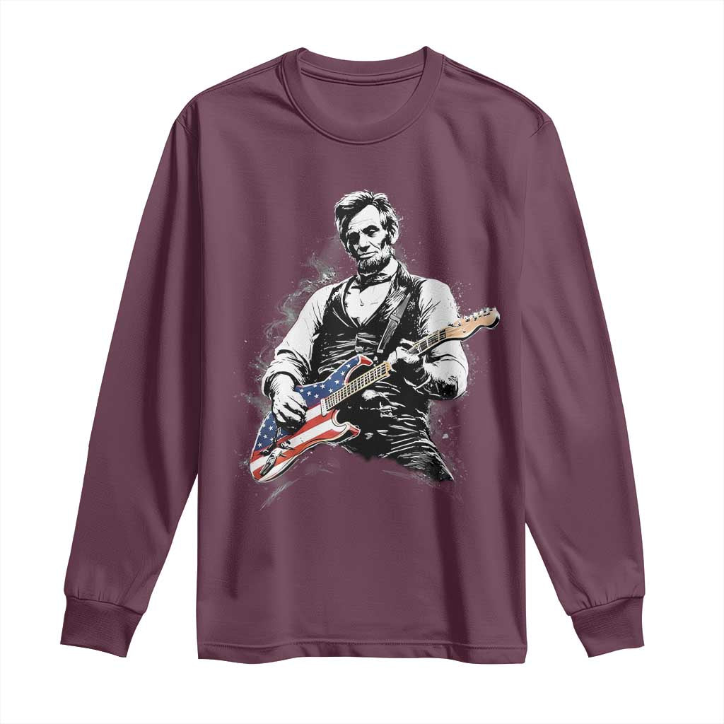 Rockin Abe Abraham Lincoln Playing Electric Guitar Long Sleeve Shirt Patriotic Music Rocker Mashup 4th of July Celebration TS02 Maroon Print Your Wear