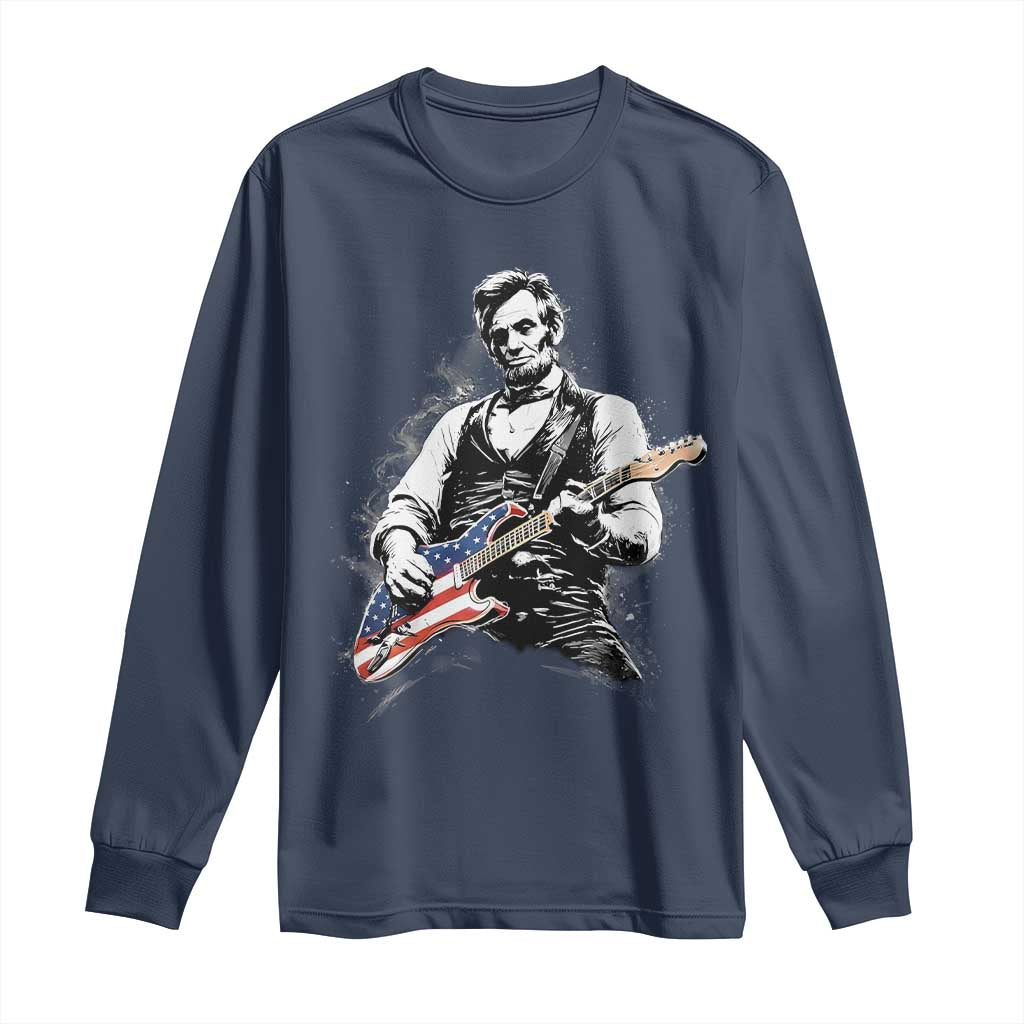 Rockin Abe Abraham Lincoln Playing Electric Guitar Long Sleeve Shirt Patriotic Music Rocker Mashup 4th of July Celebration TS02 Navy Print Your Wear