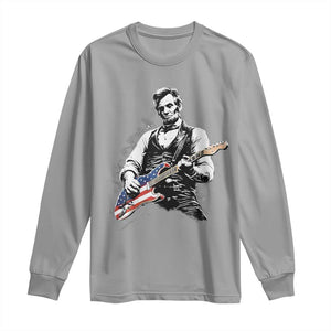 Rockin Abe Abraham Lincoln Playing Electric Guitar Long Sleeve Shirt Patriotic Music Rocker Mashup 4th of July Celebration TS02 Sport Gray Print Your Wear