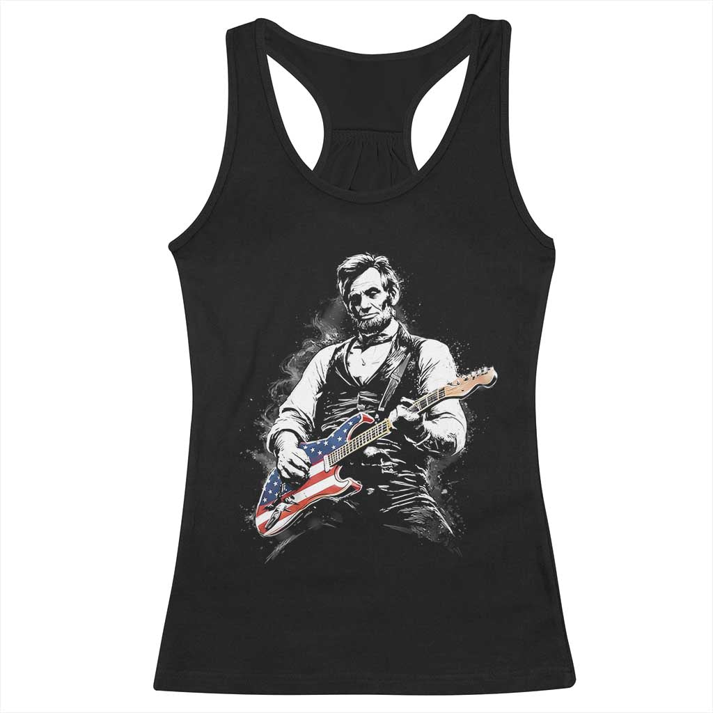 Rockin Abe Abraham Lincoln Playing Electric Guitar Racerback Tank Top Patriotic Music Rocker Mashup 4th of July Celebration TS02 Black Print Your Wear
