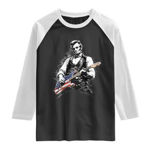 Rockin Abe Abraham Lincoln Playing Electric Guitar Raglan Shirt Patriotic Music Rocker Mashup 4th of July Celebration TS02 Black White Print Your Wear