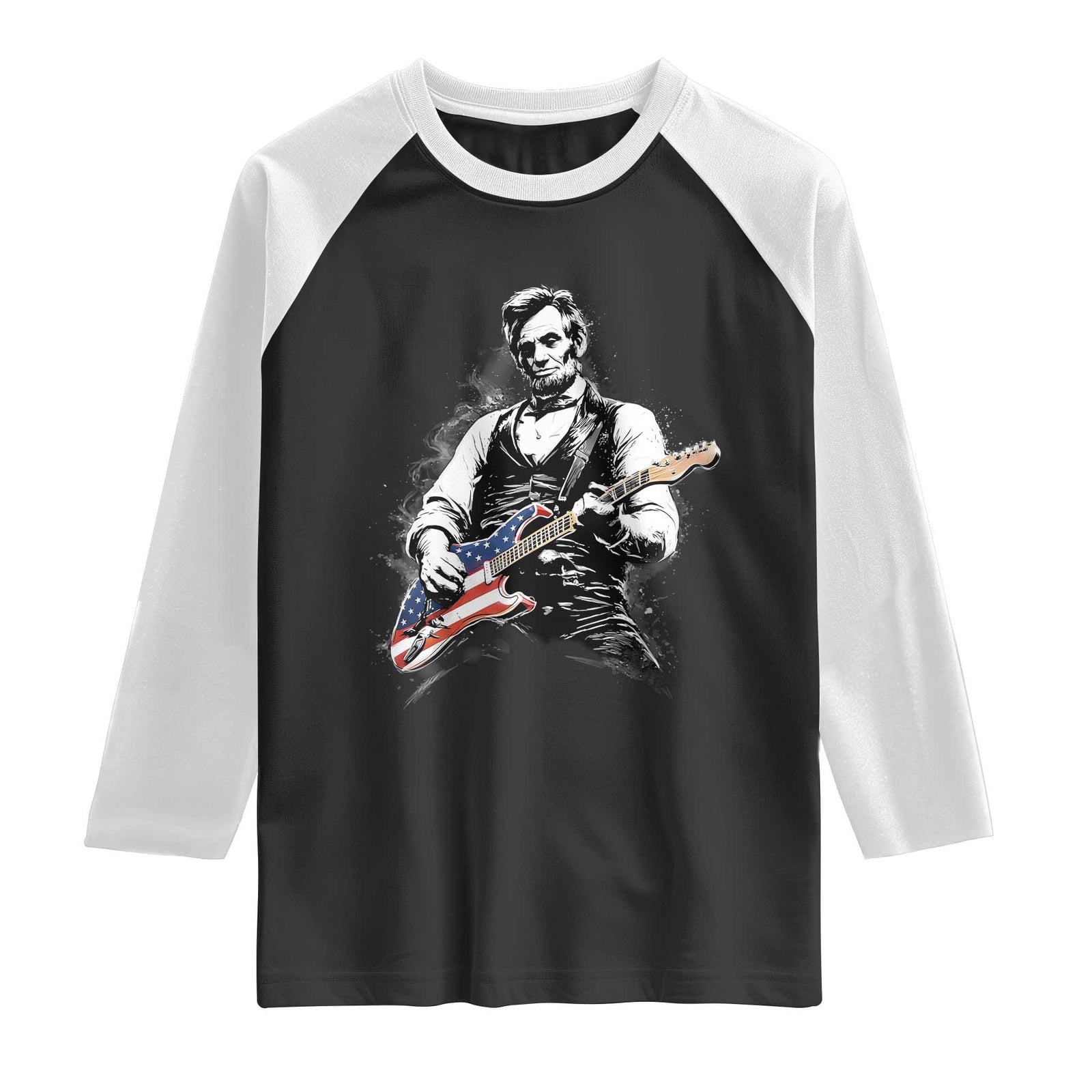 Rockin Abe Abraham Lincoln Playing Electric Guitar Raglan Shirt Patriotic Music Rocker Mashup 4th of July Celebration TS02 Black White Print Your Wear