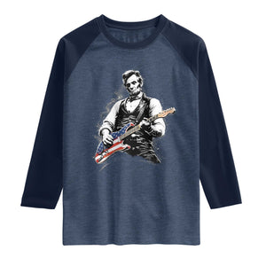 Rockin Abe Abraham Lincoln Playing Electric Guitar Raglan Shirt Patriotic Music Rocker Mashup 4th of July Celebration TS02 Heather Denim Navy Print Your Wear