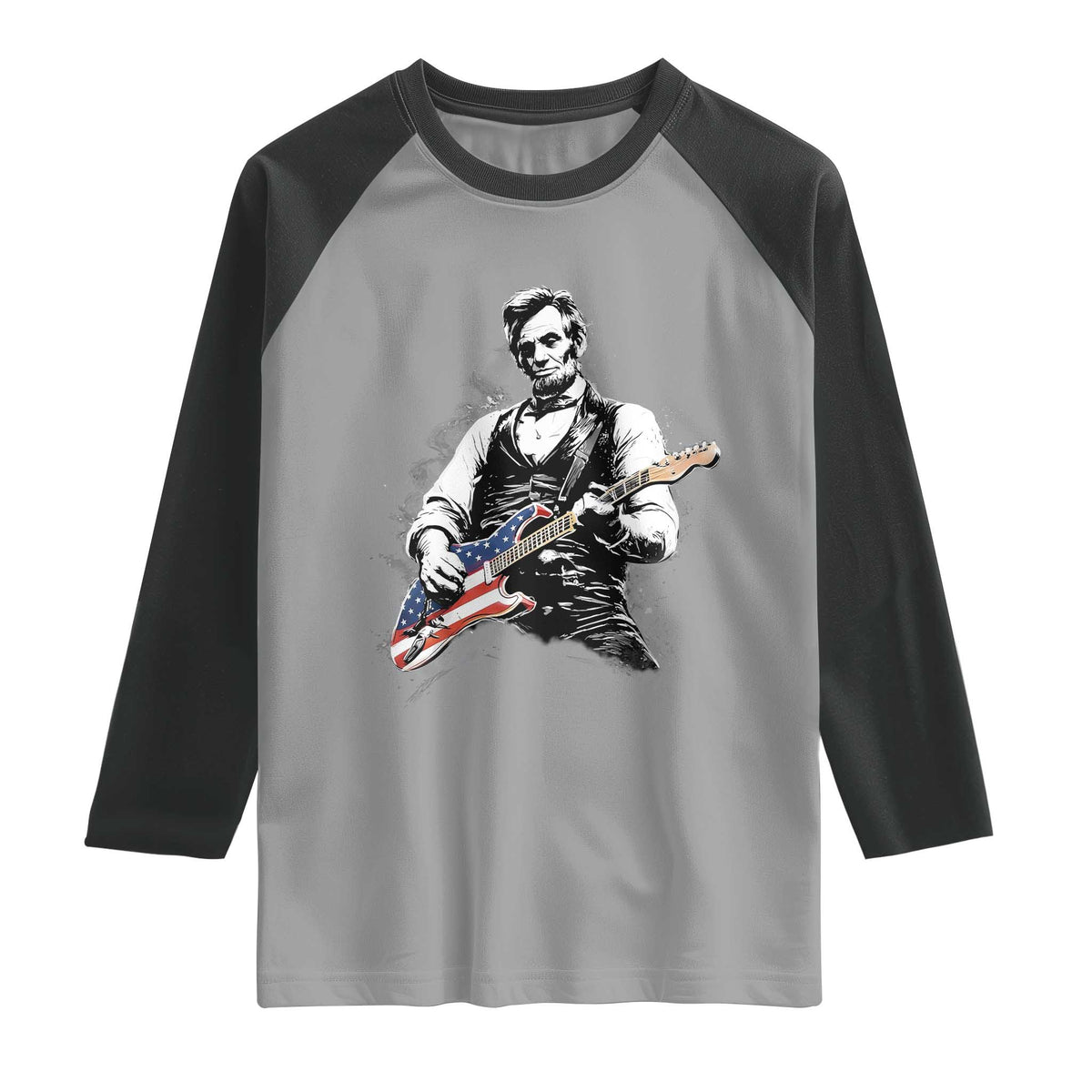 Rockin Abe Abraham Lincoln Playing Electric Guitar Raglan Shirt Patriotic Music Rocker Mashup 4th of July Celebration TS02 Sport Gray Black Print Your Wear