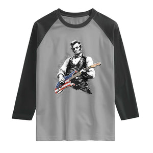Rockin Abe Abraham Lincoln Playing Electric Guitar Raglan Shirt Patriotic Music Rocker Mashup 4th of July Celebration TS02 Sport Gray Black Print Your Wear