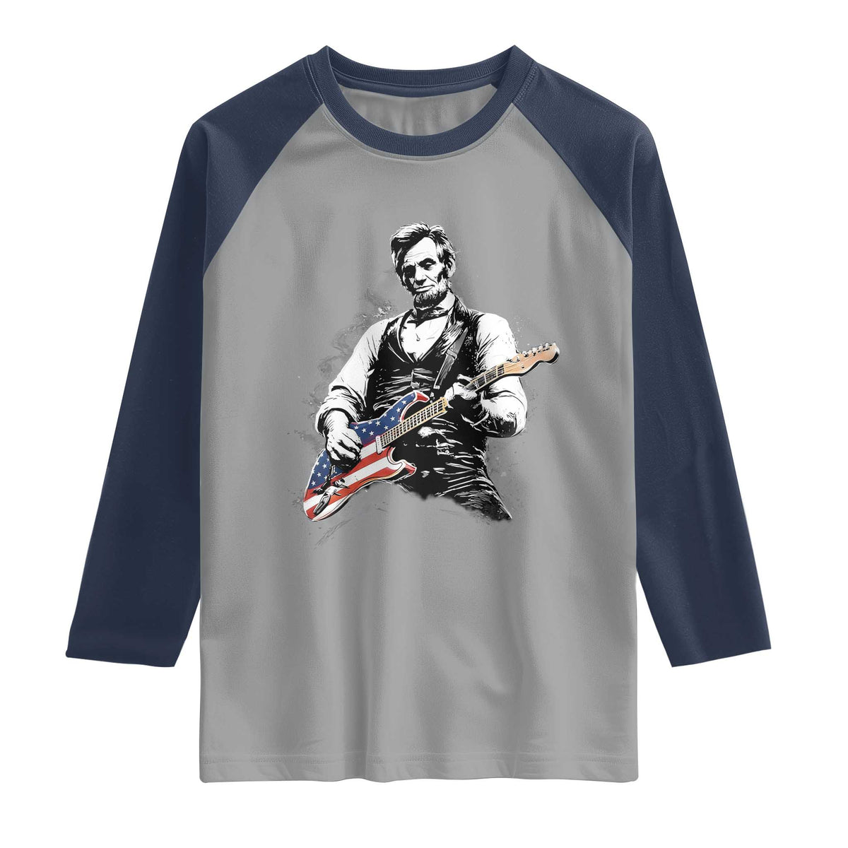 Rockin Abe Abraham Lincoln Playing Electric Guitar Raglan Shirt Patriotic Music Rocker Mashup 4th of July Celebration TS02 Sport Gray Navy Print Your Wear