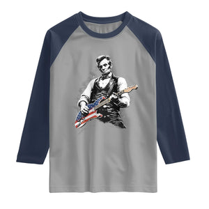 Rockin Abe Abraham Lincoln Playing Electric Guitar Raglan Shirt Patriotic Music Rocker Mashup 4th of July Celebration TS02 Sport Gray Navy Print Your Wear