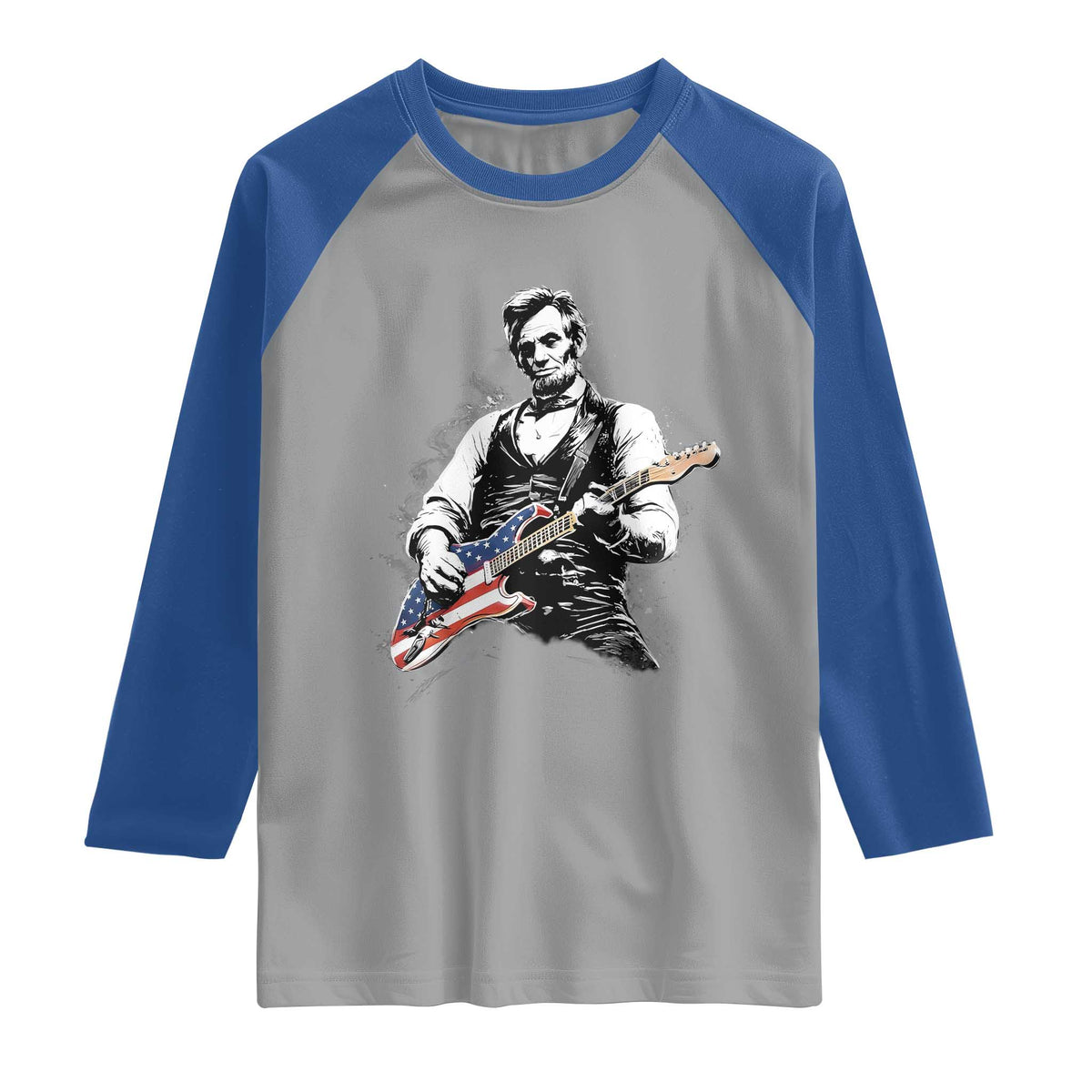 Rockin Abe Abraham Lincoln Playing Electric Guitar Raglan Shirt Patriotic Music Rocker Mashup 4th of July Celebration TS02 Sport Gray Royal Print Your Wear