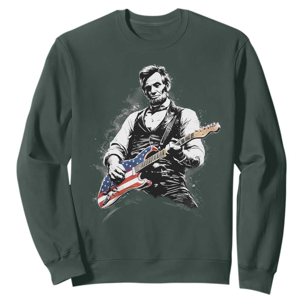 Rockin Abe Abraham Lincoln Playing Electric Guitar Sweatshirt Patriotic Music Rocker Mashup 4th of July Celebration TS02 Dark Forest Green Print Your Wear