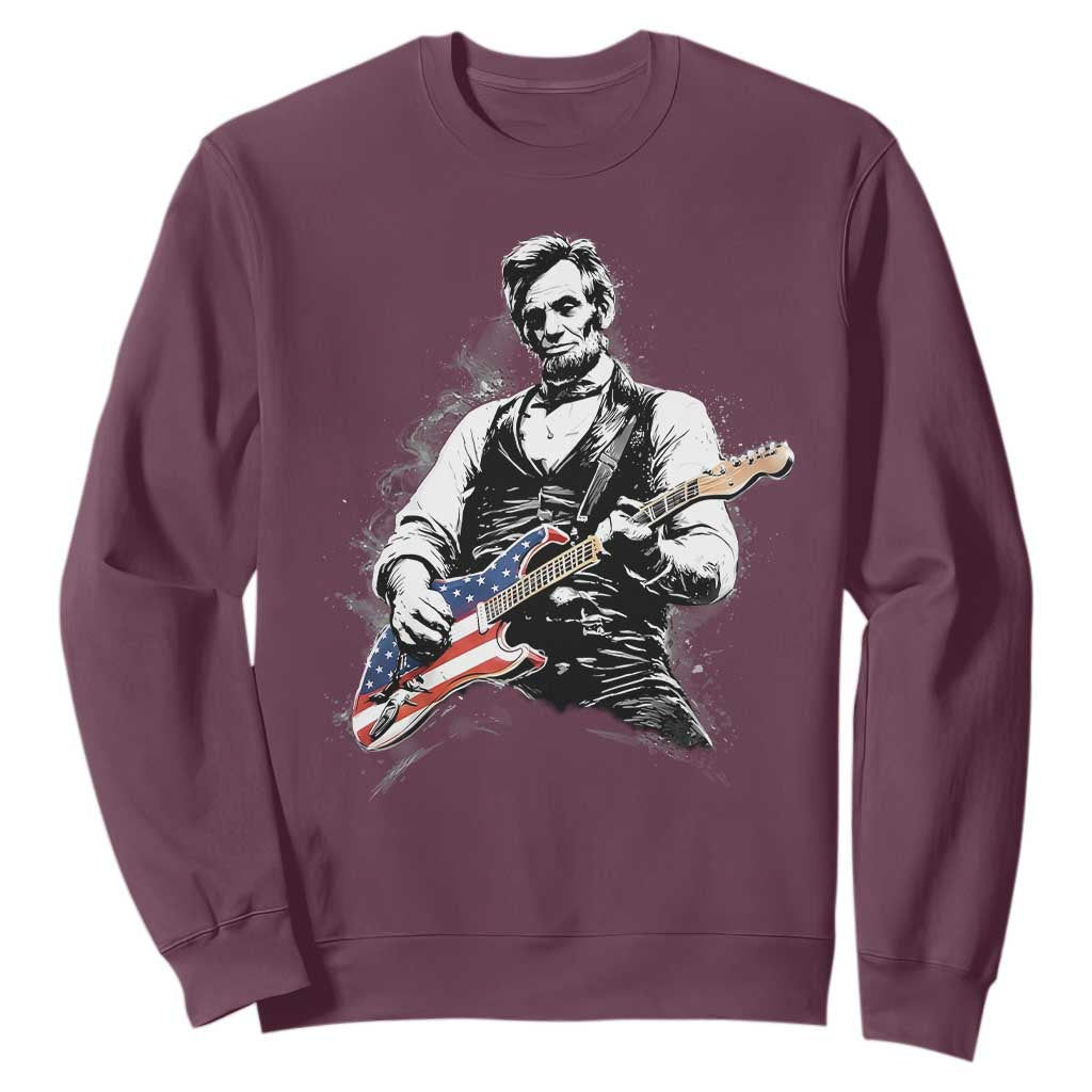 Rockin Abe Abraham Lincoln Playing Electric Guitar Sweatshirt Patriotic Music Rocker Mashup 4th of July Celebration TS02 Maroon Print Your Wear