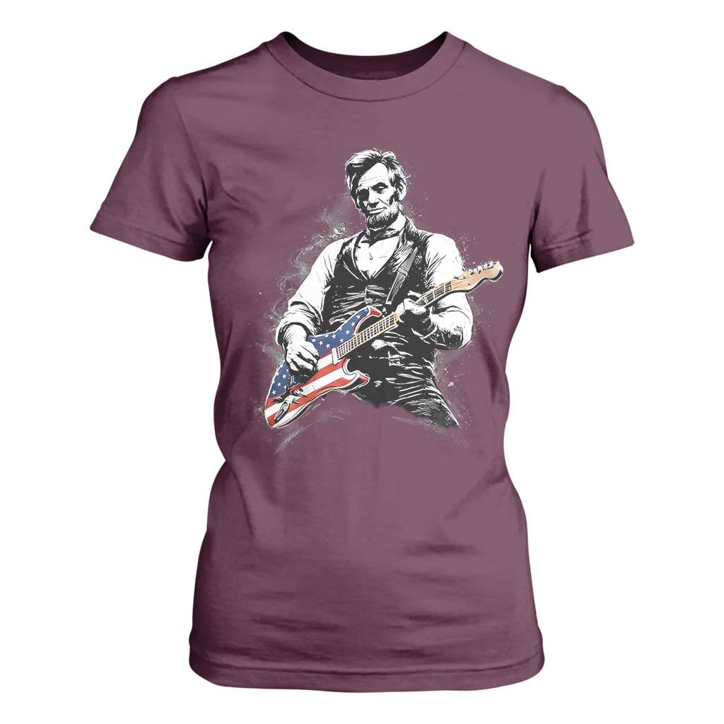 Rockin Abe Abraham Lincoln Playing Electric Guitar T Shirt For Women Patriotic Music Rocker Mashup 4th of July Celebration TS02 Maroon Print Your Wear