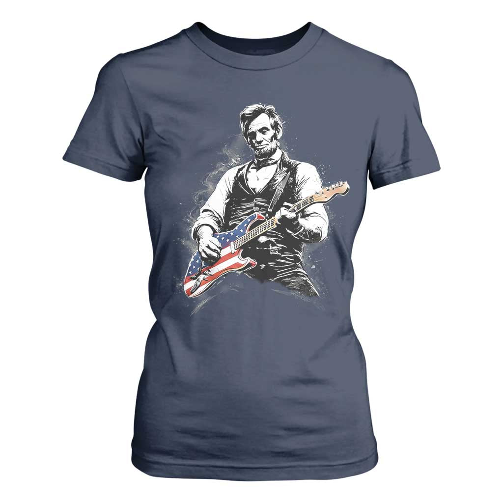 Rockin Abe Abraham Lincoln Playing Electric Guitar T Shirt For Women Patriotic Music Rocker Mashup 4th of July Celebration TS02 Navy Print Your Wear