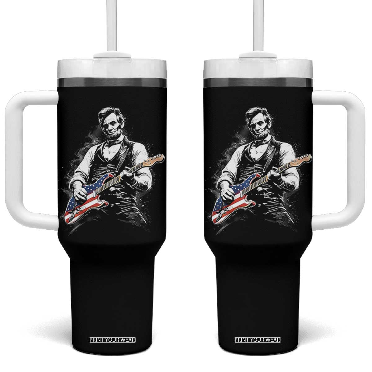 Rockin Abe Abraham Lincoln Playing Electric Guitar Tumbler With Handle Patriotic Music Rocker Mashup 4th of July Celebration TS02 One Size: 40 oz Black Print Your Wear