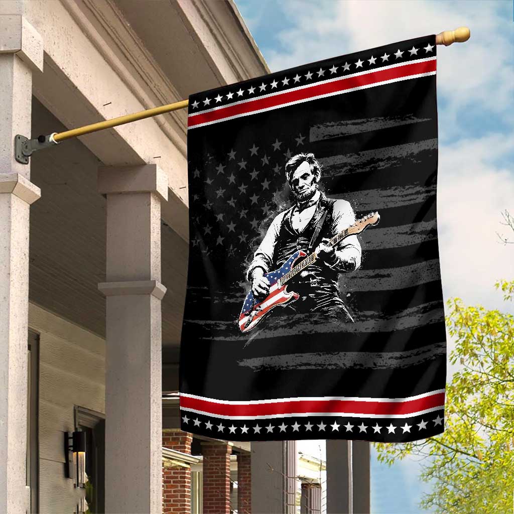 Rockin Abe Abraham Lincoln Playing Electric Guitar Garden Flag Patriotic Music Rocker Mashup 4th of July Celebration TS02 Distressed Black Red Print Your Wear