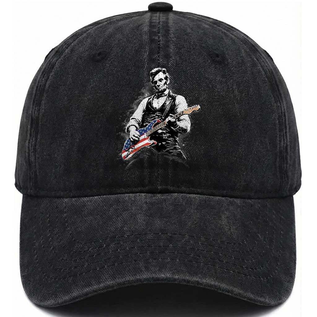 Rockin Abe Abraham Lincoln Playing Electric Guitar Washed Cotton Baseball Cap Patriotic Music Rocker Mashup 4th of July Celebration TS02 Print Your Wear