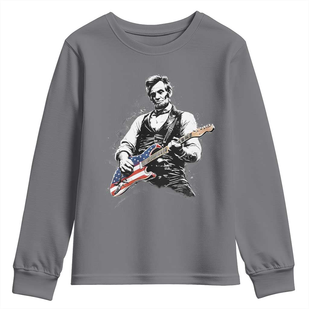 Rockin Abe Abraham Lincoln Playing Electric Guitar Youth Sweatshirt Patriotic Music Rocker Mashup 4th of July Celebration TS02 Charcoal Print Your Wear