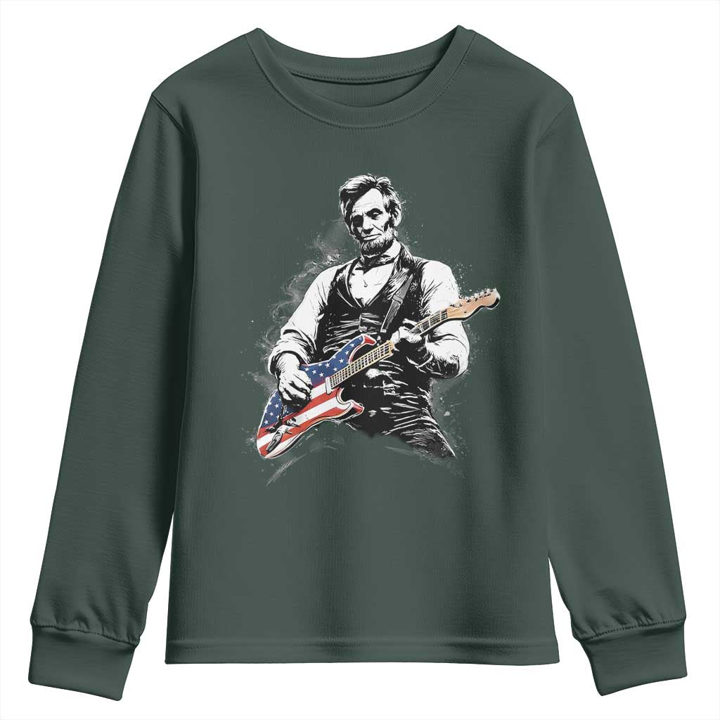 Rockin Abe Abraham Lincoln Playing Electric Guitar Youth Sweatshirt Patriotic Music Rocker Mashup 4th of July Celebration TS02 Dark Forest Green Print Your Wear