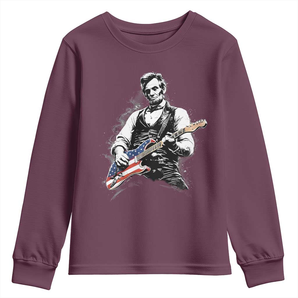 Rockin Abe Abraham Lincoln Playing Electric Guitar Youth Sweatshirt Patriotic Music Rocker Mashup 4th of July Celebration TS02 Maroon Print Your Wear