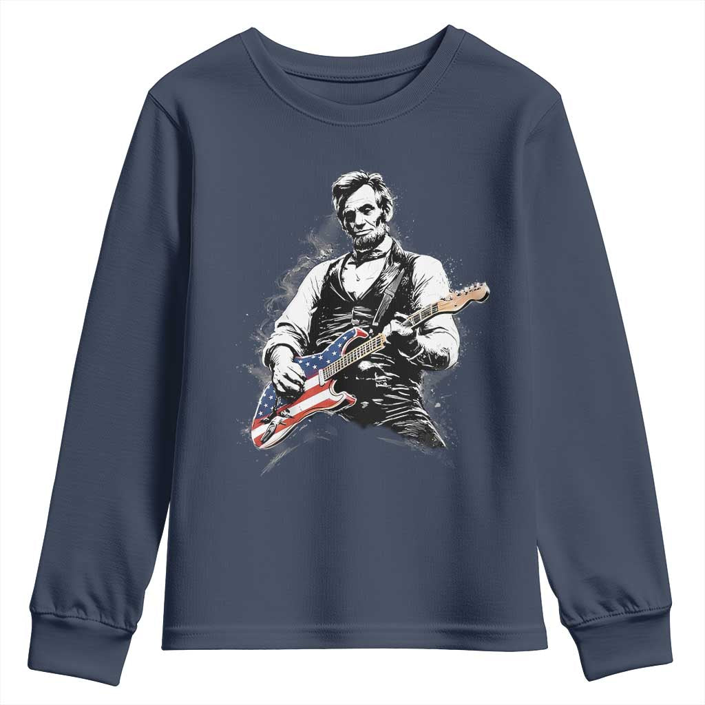 Rockin Abe Abraham Lincoln Playing Electric Guitar Youth Sweatshirt Patriotic Music Rocker Mashup 4th of July Celebration TS02 Navy Print Your Wear