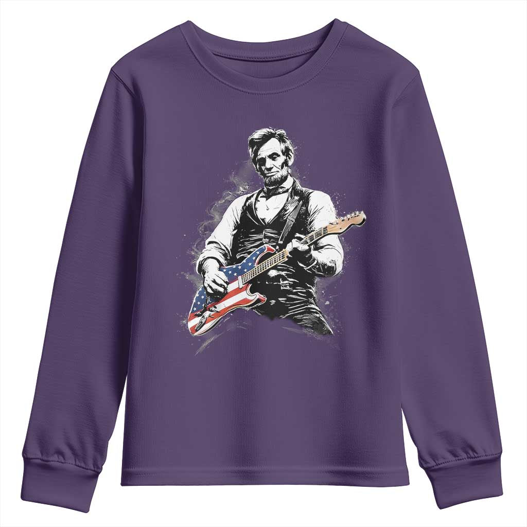 Rockin Abe Abraham Lincoln Playing Electric Guitar Youth Sweatshirt Patriotic Music Rocker Mashup 4th of July Celebration TS02 Purple Print Your Wear