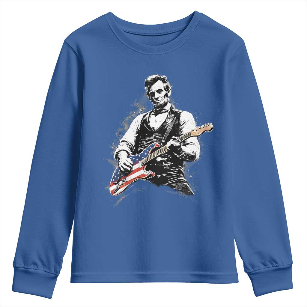 Rockin Abe Abraham Lincoln Playing Electric Guitar Youth Sweatshirt Patriotic Music Rocker Mashup 4th of July Celebration TS02 Royal Blue Print Your Wear