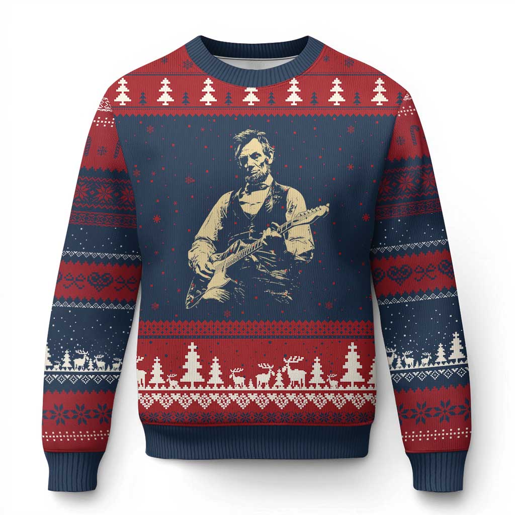 Vintage Rockin Abe Abraham Lincoln Playing Electric Guitar Ugly Christmas Sweater Patriotic Music Rocker Mashup 4th of July Celebration TS02 Navy Red Print Your Wear