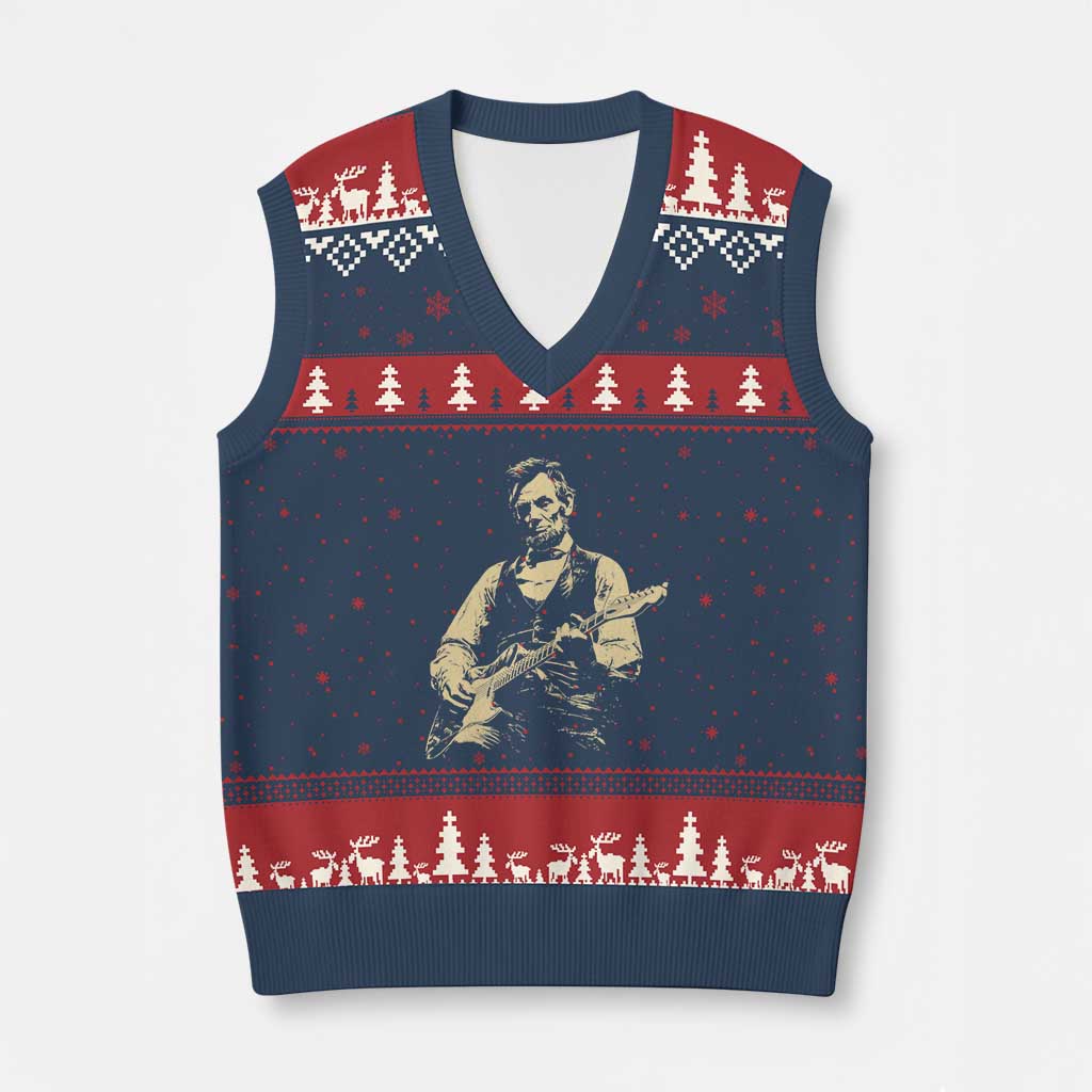 Vintage Rockin Abe Abraham Lincoln Playing Electric Guitar V-Neck Knit Sweater Vest Patriotic Music Rocker Mashup 4th of July Celebration TS02 Navy Red Print Your Wear