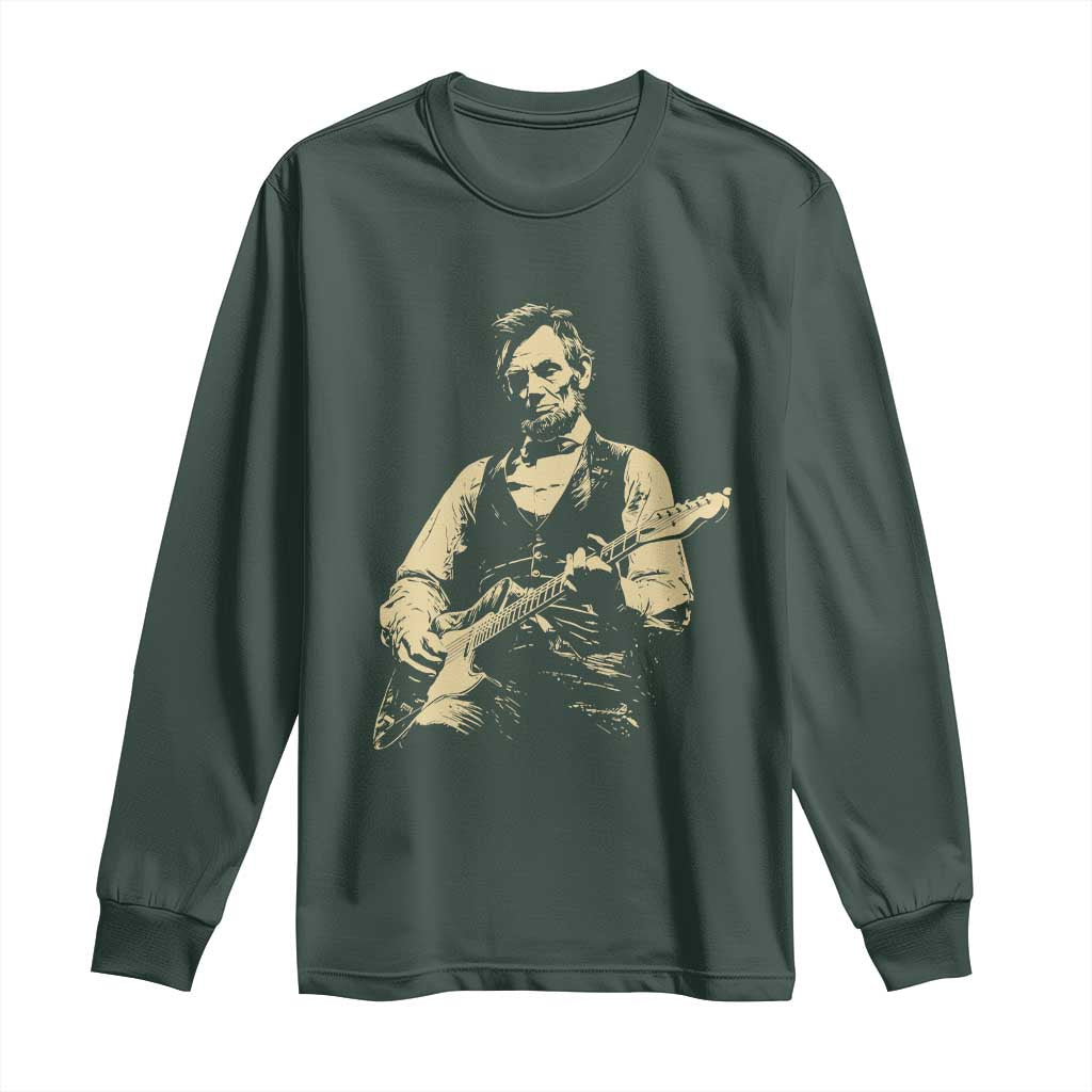 Vintage Rockin Abe Abraham Lincoln Playing Electric Guitar Long Sleeve Shirt Patriotic Music Rocker Mashup 4th of July Celebration TS02 Dark Forest Green Print Your Wear