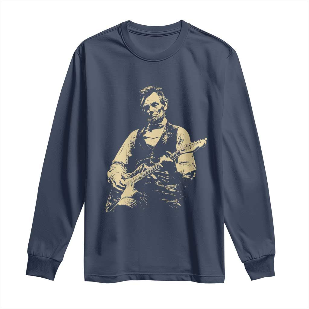 Vintage Rockin Abe Abraham Lincoln Playing Electric Guitar Long Sleeve Shirt Patriotic Music Rocker Mashup 4th of July Celebration TS02 Navy Print Your Wear