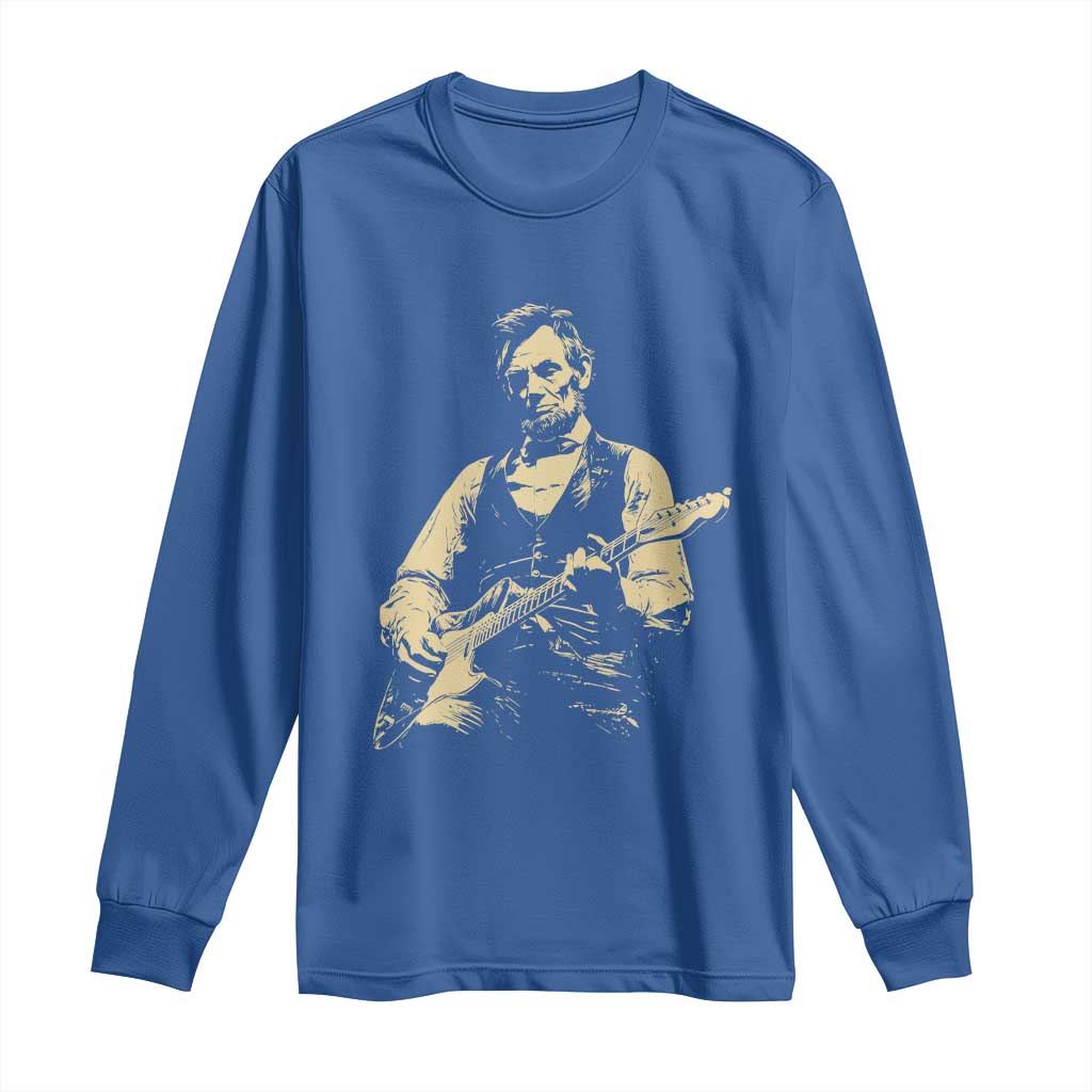 Vintage Rockin Abe Abraham Lincoln Playing Electric Guitar Long Sleeve Shirt Patriotic Music Rocker Mashup 4th of July Celebration TS02 Royal Blue Print Your Wear