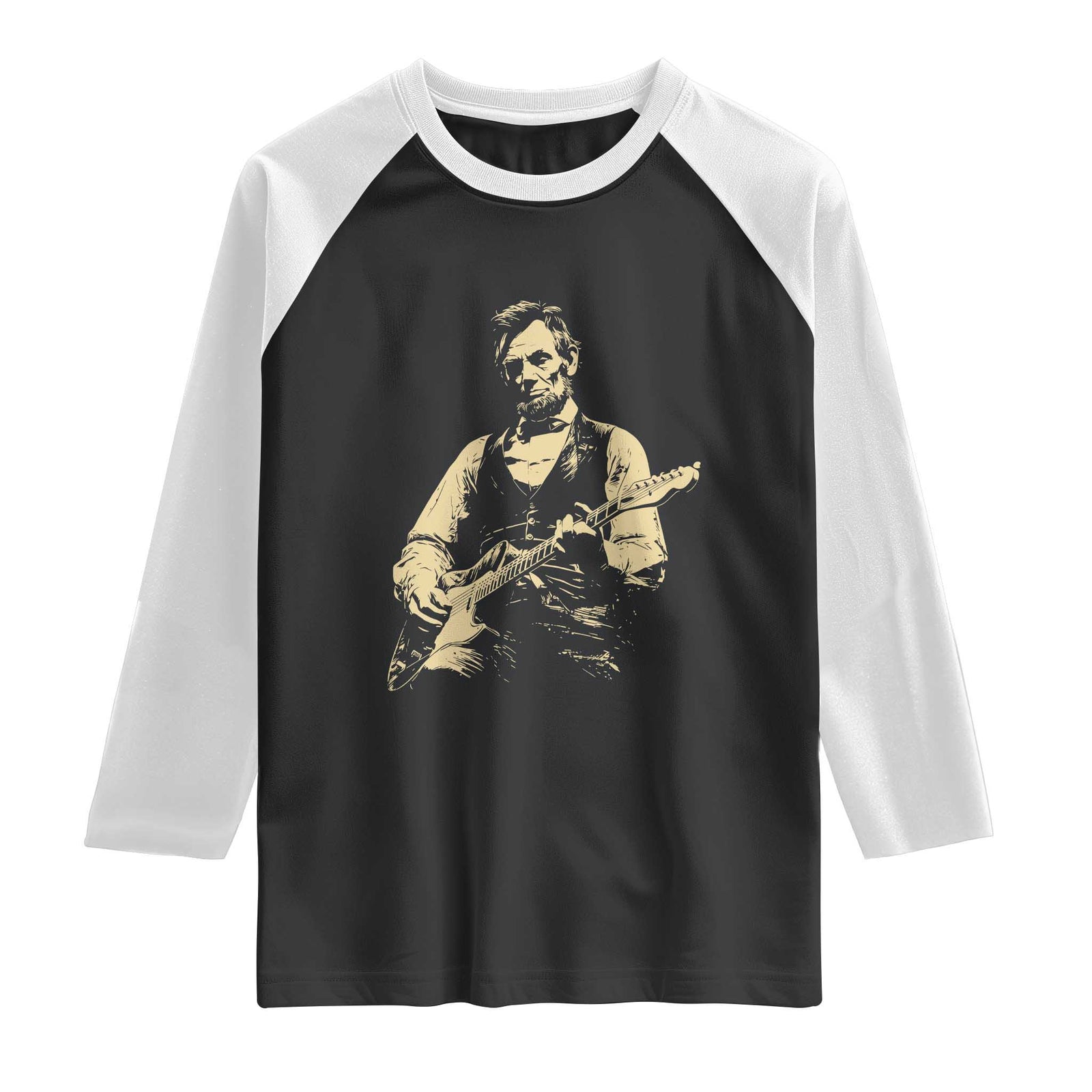 Vintage Rockin Abe Abraham Lincoln Playing Electric Guitar Raglan Shirt Patriotic Music Rocker Mashup 4th of July Celebration TS02 Black White Print Your Wear