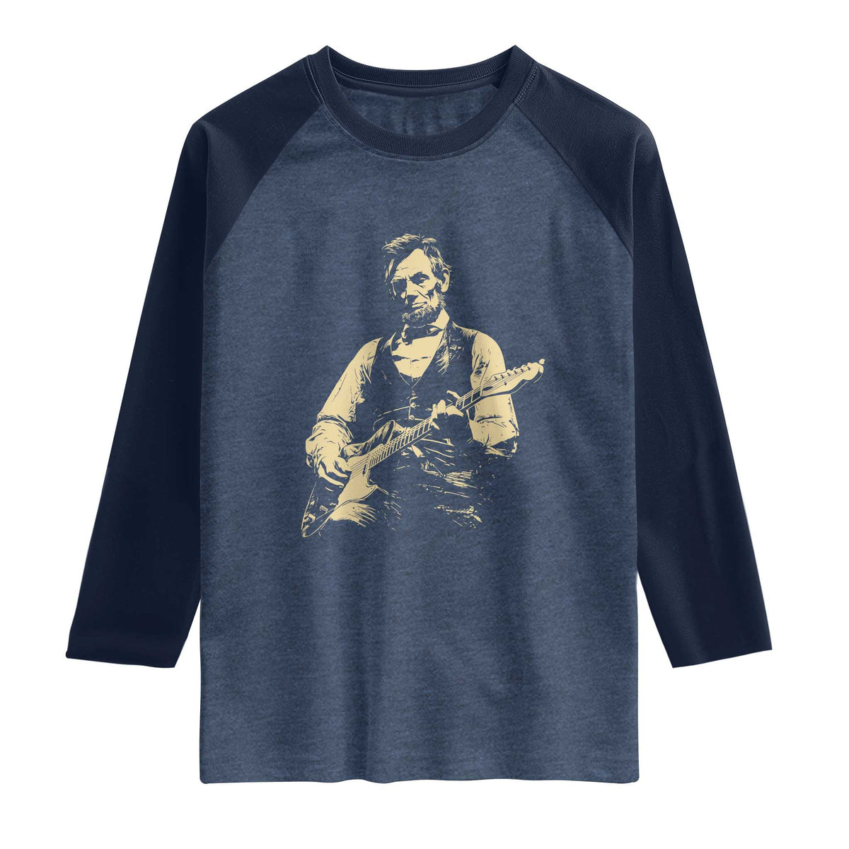 Vintage Rockin Abe Abraham Lincoln Playing Electric Guitar Raglan Shirt Patriotic Music Rocker Mashup 4th of July Celebration TS02 Heather Denim Navy Print Your Wear