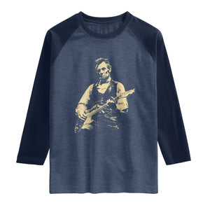 Vintage Rockin Abe Abraham Lincoln Playing Electric Guitar Raglan Shirt Patriotic Music Rocker Mashup 4th of July Celebration TS02 Heather Denim Navy Print Your Wear