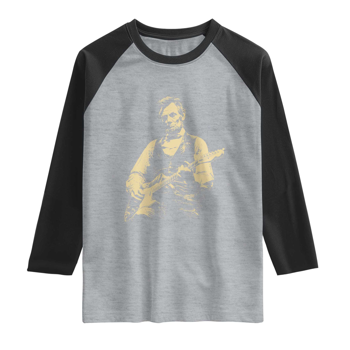 Vintage Rockin Abe Abraham Lincoln Playing Electric Guitar Raglan Shirt Patriotic Music Rocker Mashup 4th of July Celebration TS02 Heather Gray Black Print Your Wear