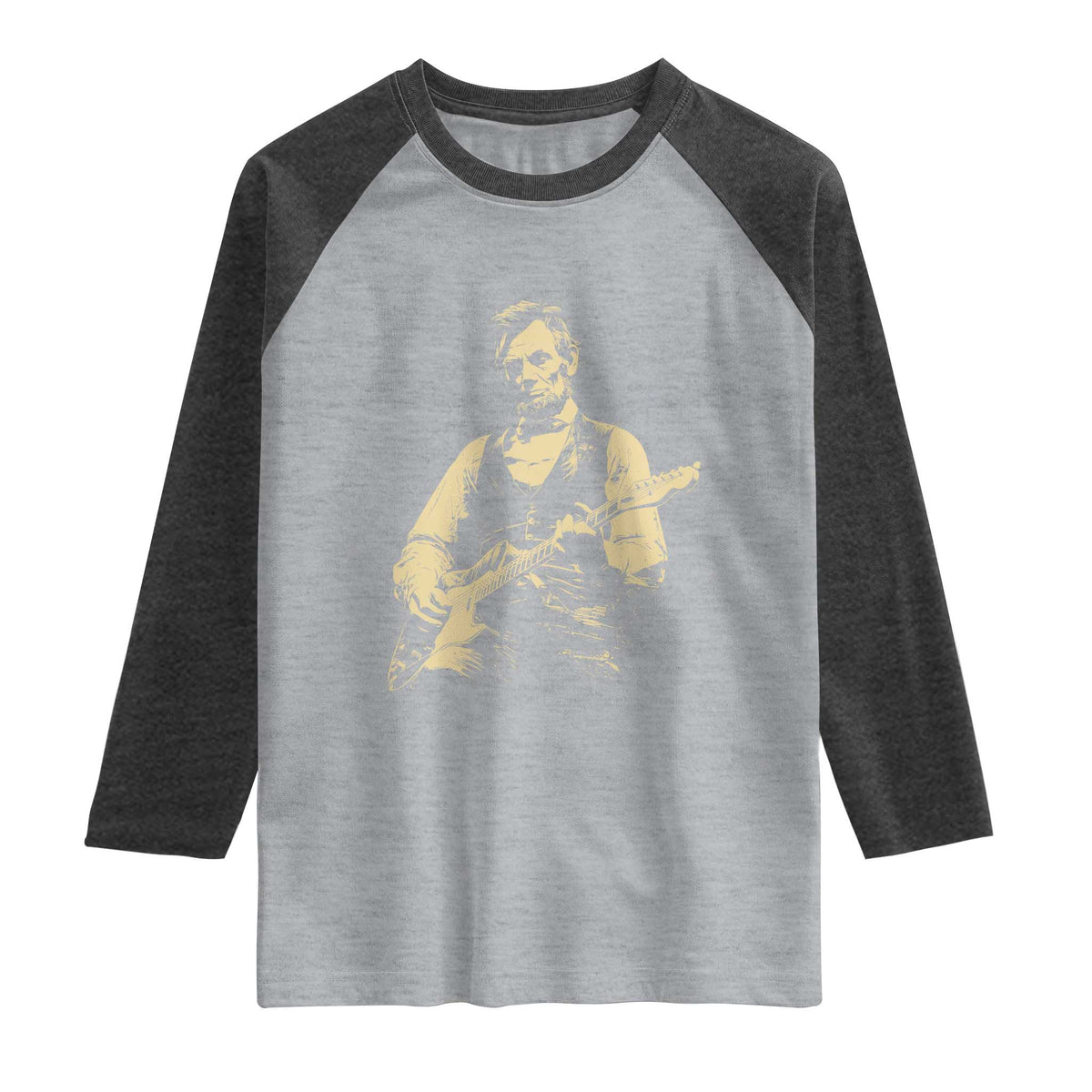 Vintage Rockin Abe Abraham Lincoln Playing Electric Guitar Raglan Shirt Patriotic Music Rocker Mashup 4th of July Celebration TS02 Heather Gray Heather Charcoal Print Your Wear