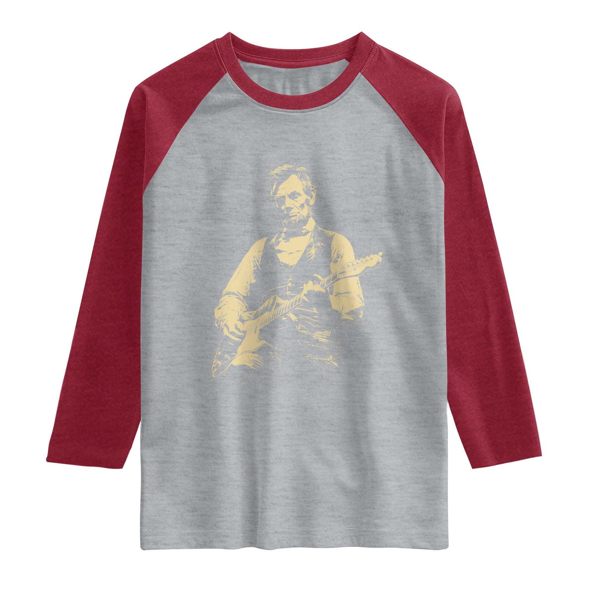 Vintage Rockin Abe Abraham Lincoln Playing Electric Guitar Raglan Shirt Patriotic Music Rocker Mashup 4th of July Celebration TS02 Heather Gray Heather Red Print Your Wear