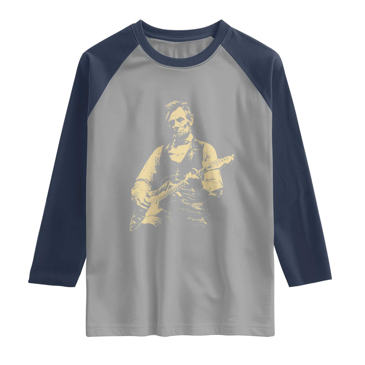 Vintage Rockin Abe Abraham Lincoln Playing Electric Guitar Raglan Shirt Patriotic Music Rocker Mashup 4th of July Celebration TS02 Sport Gray Navy Print Your Wear
