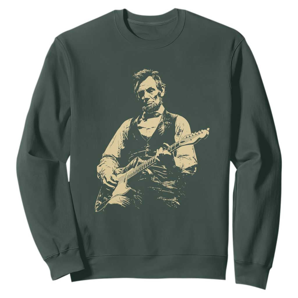 Vintage Rockin Abe Abraham Lincoln Playing Electric Guitar Sweatshirt Patriotic Music Rocker Mashup 4th of July Celebration TS02 Dark Forest Green Print Your Wear